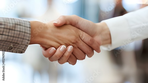 A close-up shot capturing the firm handshake between a confident mid-aged businesswoman manager and a satisfied client, their faces beaming with mutual respect and trust.