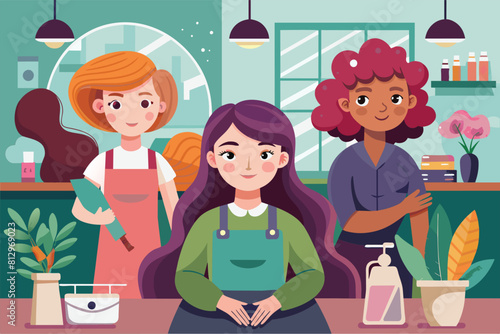 A group of women gathered in a kitchen, chatting and preparing food, Women in hair salon Customizable Disproportionate Illustration photo