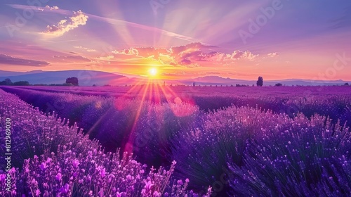 Lawendy pole przy zmierzchu światłem w Provence, zadziwiający pogodny krajobraz z ognistym niebem i słońcem, Francja