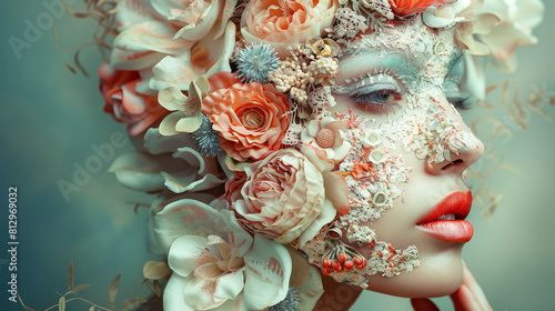 Close-up portrait of a beautiful ethereal woman with flowers growing on her face