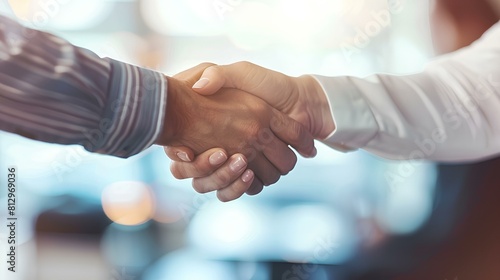 A close-up shot capturing the firm handshake between a confident mid-aged businesswoman manager and a satisfied client, their faces beaming with mutual respect and trust.