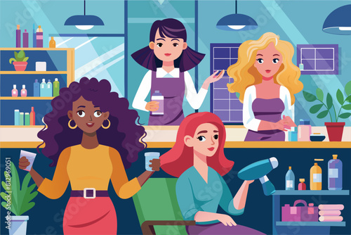 A group of women sitting in chairs at a hair salon, receiving various beauty treatments and services, Women in hair salon Customizable Disproportionate Illustration
