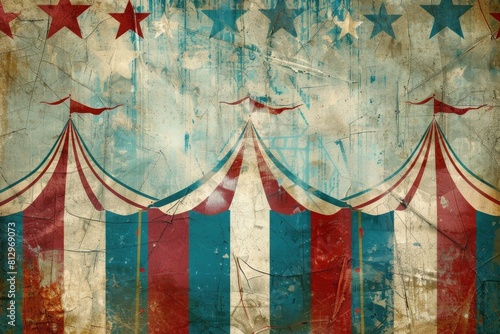 Retroinspired design with faded circus tents and stars on a textured backdrop