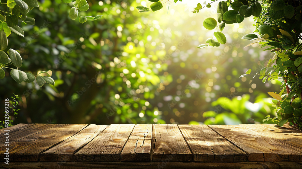 Wooden table in a lush green forest with a beautiful bokeh background, perfect for displaying your products or showcasing your brand. Wooden table in a lush green forest with a beautiful bokeh background, perfect for displaying your products or showcasing your brand.
