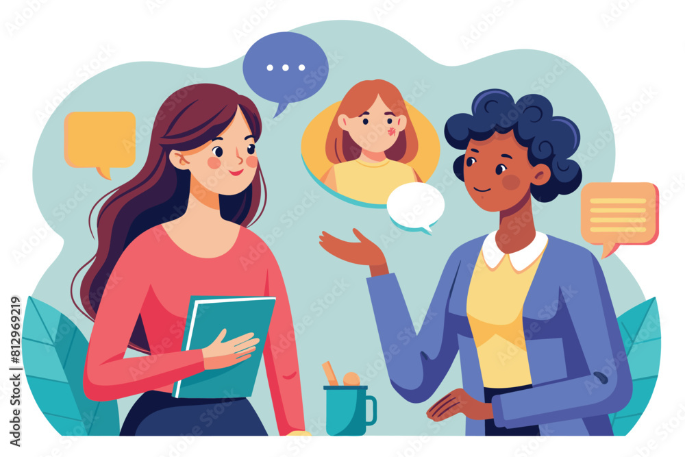 Two women engaged in conversation with speech bubbles above them, communicating with each other verbally, Women talking Customizable Disproportionate Illustration Two women engaged in conversation with speech bubbles above them, communicating with each other verbally, Women talking Customizable Disproportionate Illustration