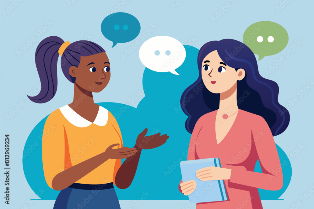 Conversation between two women with speech bubbles above them, exchanging ideas and thoughts, Women talking Customizable Disproportionate Illustration Conversation between two women with speech bubbles above them, exchanging ideas and thoughts, Women talking Customizable Disproportionate Illustration