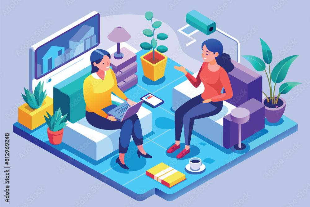 Two women sitting on a couch, engaging in conversation while using a laptop, Women talking Customizable Isometric Illustration Two women sitting on a couch, engaging in conversation while using a laptop, Women talking Customizable Isometric Illustration