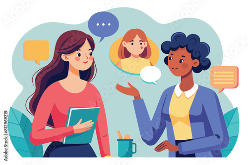 Two women engaged in conversation with speech bubbles above them, communicating with each other verbally, Women talking Customizable Disproportionate Illustration