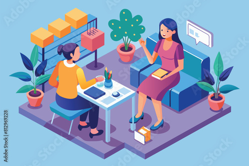A woman is engaged in conversation with a man at a table, Women talking Customizable Isometric Illustration