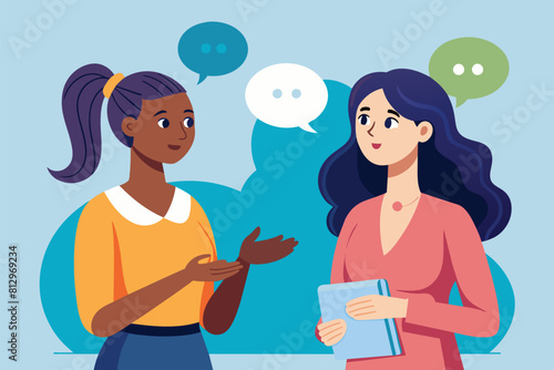 Conversation between two women with speech bubbles above them, exchanging ideas and thoughts, Women talking Customizable Disproportionate Illustration