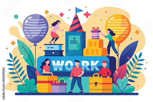 A group of individuals standing together near a work sign in a customizable flat illustration, Work anniversary Customizable Flat Illustration
