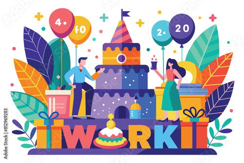 A group of individuals standing around a birthday cake, celebrating an occasion, Work anniversary Customizable Flat Illustration
