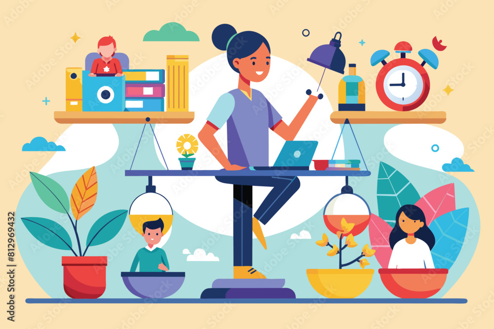 A woman seated on a scale with a laptop in front of her, focusing on balancing work and healthy habits, Work life balance Customizable Semi Flat Illustration