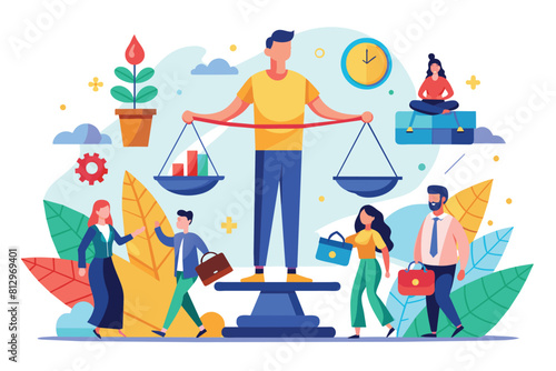 A man is standing on top of a scale with a group of people around him, Work life balance Customizable Flat Illustration