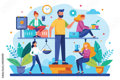 People gathered at table, with scale and clock visible, Work life balance Customizable Semi Flat Illustration