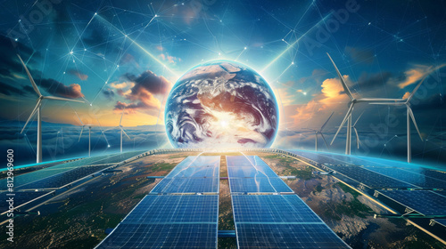 Digital composite image of earth with wind turbines and solar panels