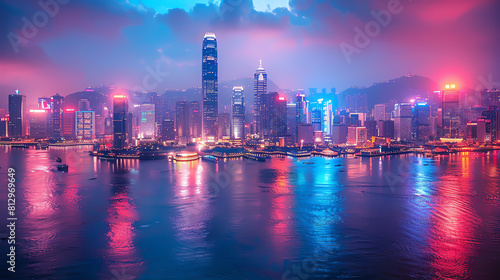 Create a digital painting of a futuristic cityscape. The city is full of skyscrapers and neon lights. The sky is dark and cloudy. The water is calm and still.