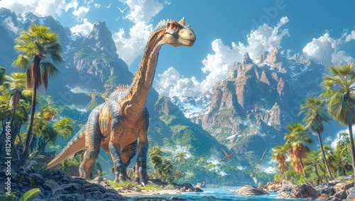 concept art of an enormous long necked dinosaur in the foreground, large mountainous area with palm trees and other dinosaurs far away in the background photo