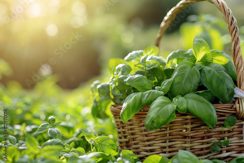 Basket filled with freshly harvested basil in a garden setting, sunlit with a focus on texture 