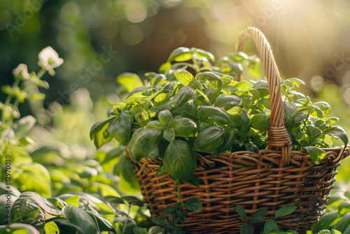 Basket filled with freshly harvested basil in a garden setting, sunlit with a focus on texture 
