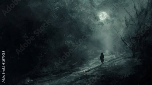 A dark and gloomy scene with a man holding a torch