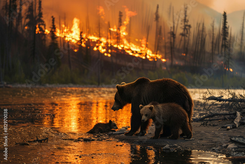 Bear and cubs by a river  seeking refuge from the heat and flames  poignant family moment 