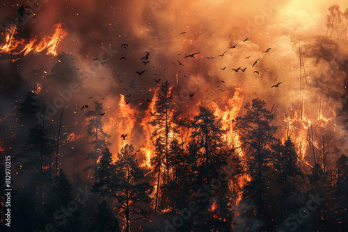 Birds soaring above a forest consumed by flames, dramatic escape against a backdrop of fire and smoke  photo