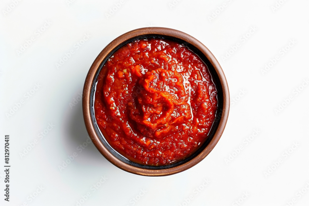 Bowl of vibrant red tomato sauce isolated on a white background, top view, perfect circular shape Bowl of vibrant red tomato sauce isolated on a white background, top view, perfect circular shape