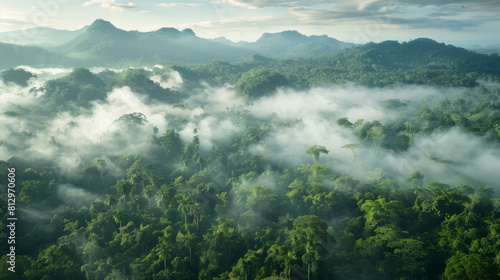 Aerial view of a lush, fog-enveloped rainforest, symbolizing renewable energy sources