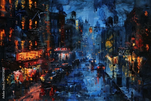 Vibrant abstract painting of a rainy city street at night with reflections