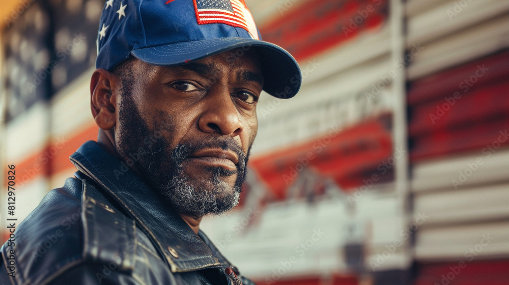 African-American man wearing a blue cap with an American flag and a black leather jacket, looking at the camera with a serious expression, conveying a sense of strength, determination, and patriotism. African-American man wearing a blue cap with an American flag and a black leather jacket, looking at the camera with a serious expression, conveying a sense of strength, determination, and patriotism.