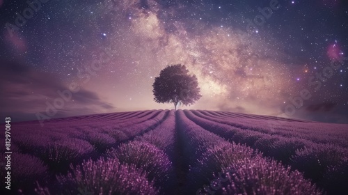 complete arch of the milky way with the galactic center at night in a lavender from france field cultivated in Brihuega, Spain, with an oak tree in the center and the problem of light pollution photo