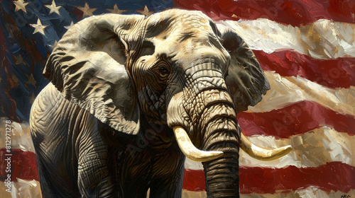 Elephant , republican party symbol , with detailed wrinkles and large ivory tusks , standing in front of a waving American flag with stars and stripes.
