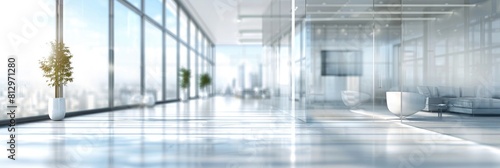 Blurred Modern Empty Office Interior with Panoramic Windows and Glass Partitions.