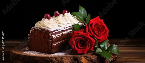 A slice of chocolate yule log cake with cream flowers poinsettia cotton rose and cones decorates a wooden dish on a wooden background This close up copy space image captures the festive xmas or new y