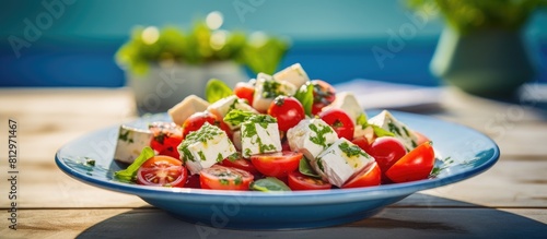 The close up shot showcases a delicious feta cheese salad with fresh sorrel and ripe tomatoes It is beautifully presented on a light blue wooden table leaving ample copy space for text