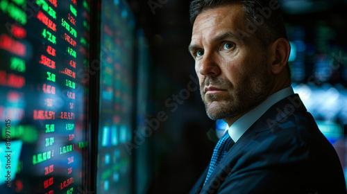 Confident male stock trader analyzing financial data displayed on multiple screens in a dark trading room. © zhor