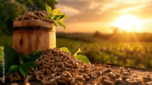 Wooden bucket of biomass pellets with green leaves against a vibrant sunrise