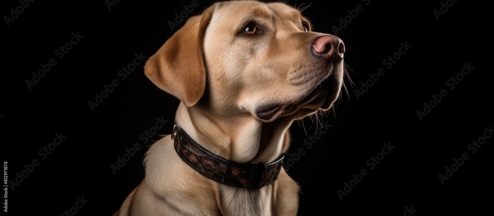 A charming Labrador Retriever with a stylish dog collar poses against a black backdrop Room is available for adding text. Copyspace image A charming Labrador Retriever with a stylish dog collar poses against a black backdrop Room is available for adding text. Copyspace image