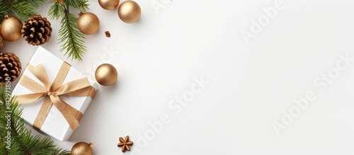 A festive Christmas arrangement with a crafted gift box a small tree branches and DIY decorations on a white background This composition embodies the New Year concept and serves as a home decoration © StockKing