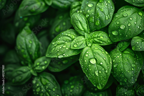 Close-up of fresh basil leaves with droplets of water, vibrant green against a dark background 