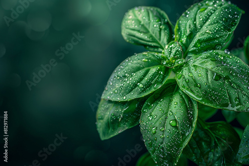 Close-up of fresh basil leaves with droplets of water, vibrant green against a dark background 