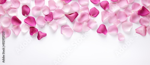 A white background with pink rose petals forms a Valentine s Day backdrop The image is flat lay with a top down view and copy space for text photo