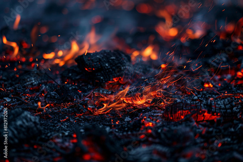 Close-up of smoldering embers in a burned-out field, glowing red and orange amidst blackened earth  photo