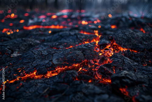 Close-up of smoldering embers in a burned-out field, glowing red and orange amidst blackened earth 
