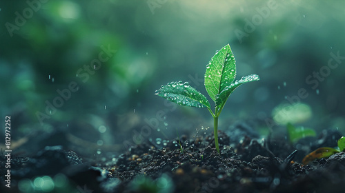 ?????A tiny green seedling is growing out of the wet soil while it's raining photo