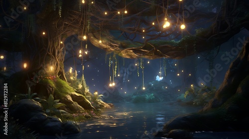 A magical forest illuminated by the soft glow of fireflies  where animated woodland creatures playfully interact under the canopy of ancient trees.