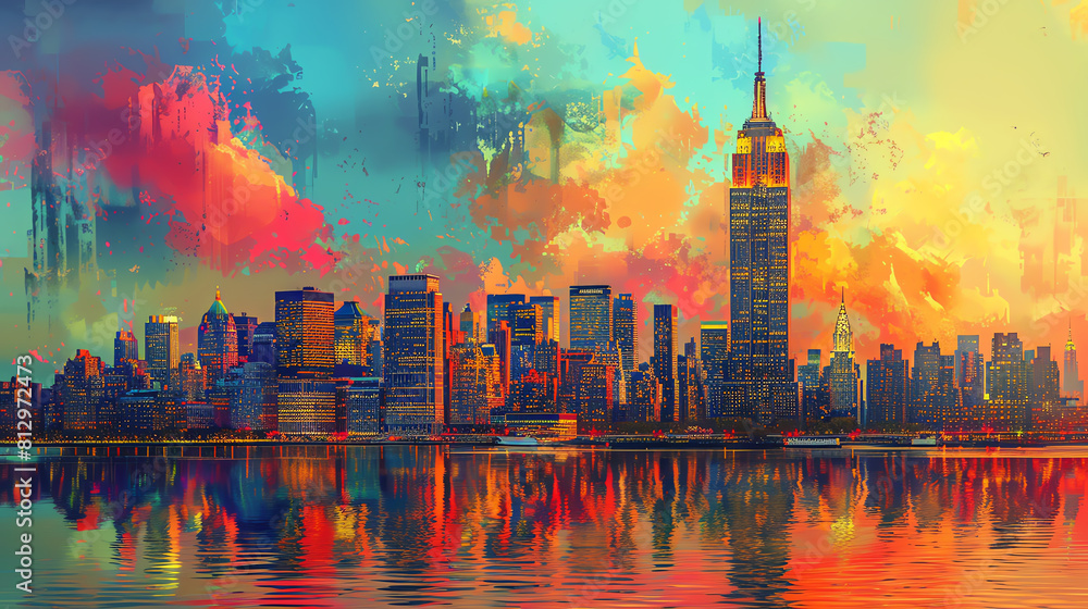 New York City skyline, vibrant colors, high resolution, photorealistic, reflections on the water, dramatic sky, sunset, clouds, skyscrapers, cityscape, urban, modern, stunning, maj