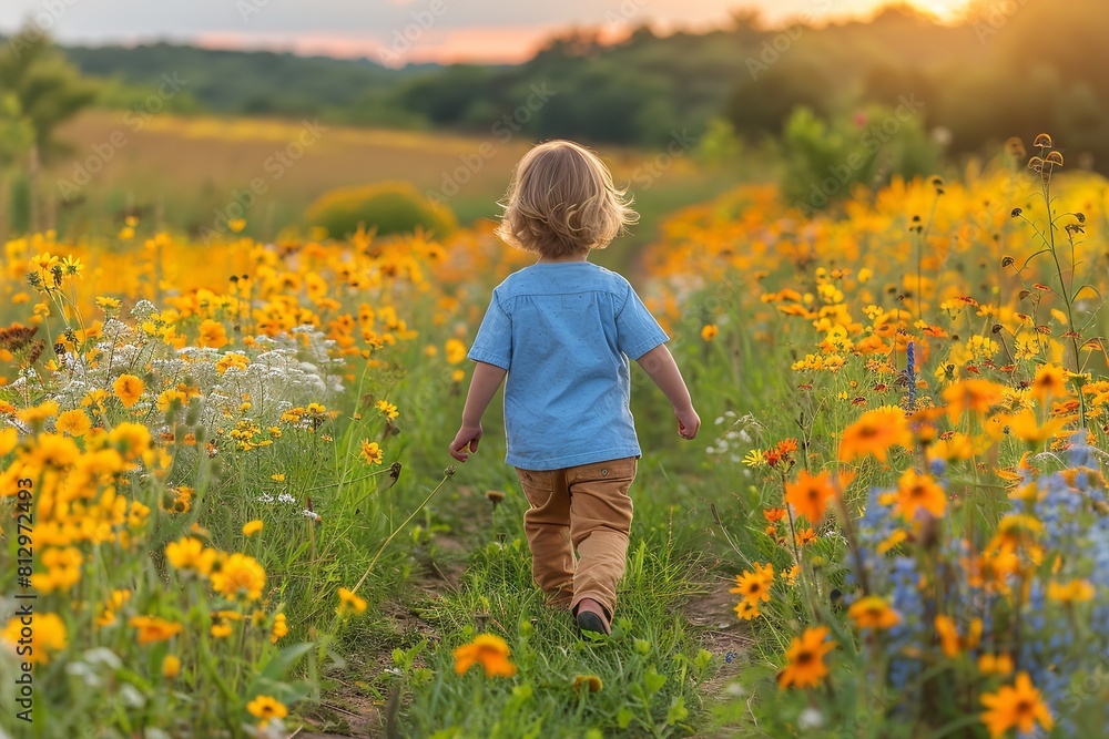 A child is walking through a vibrant field of flowers as the sun sets in the background A child is walking through a vibrant field of flowers as the sun sets in the background