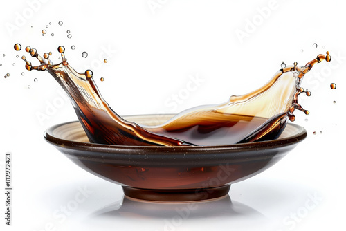 Delicate saucer of soy sauce, simple and dark, with a light soy splash, isolated on white  photo